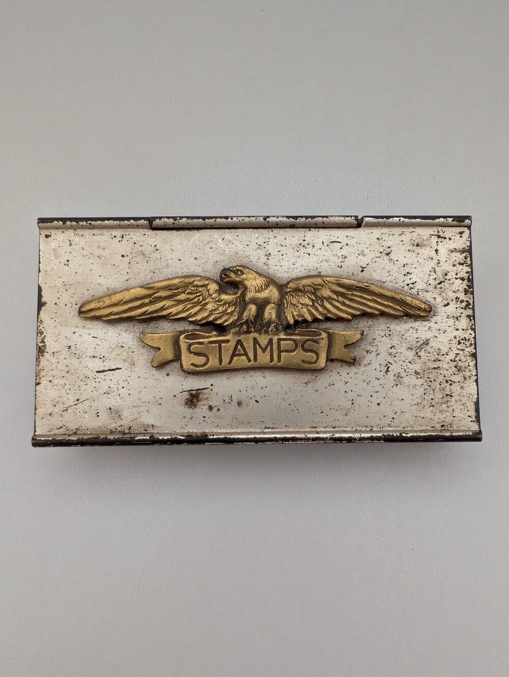 Vtg Brass Federal Eagle Stamp Box Case Hinged Lid Metal Desk Organizer Antique - Picture 1 of 5